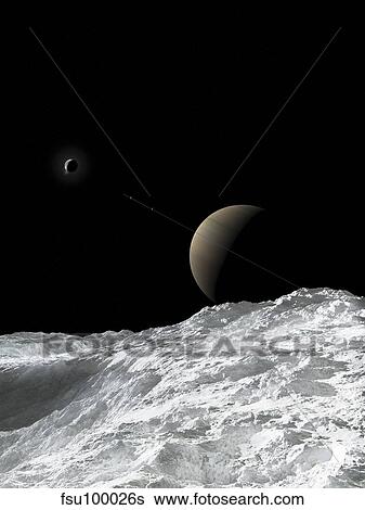 Stock Illustration - Saturn and Enceladus as seen from the moon Tethys.. Fotosearch
