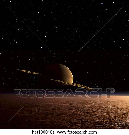 Saturn floats in the background above Titan. View Large Illustration Stock Illustration - Saturn floats in the background above Titan.. Fotosearch