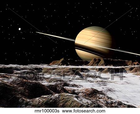 Stock Illustration - Saturn seen from the surface of its moon, Rhea.. Fotosearch