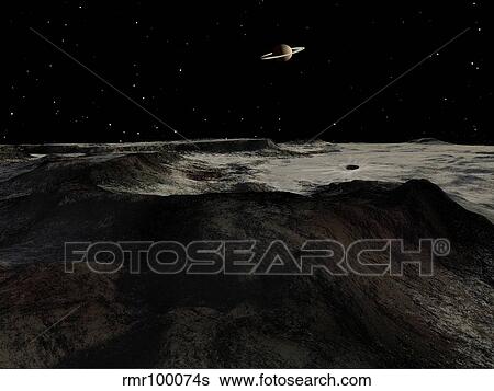 Stock Illustration - Saturn seen from the surface of its moon, Iapetus.. Fotosearch