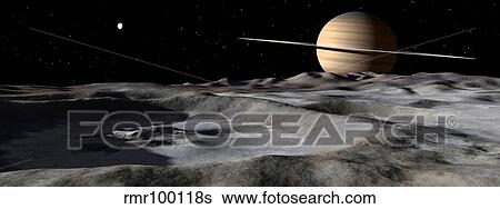 Stock Illustration - Saturn seen from the surface of its moon, Rhea.. Fotosearch