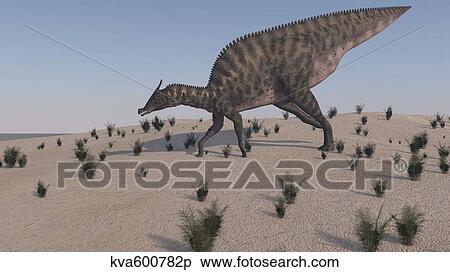 Saurolophus walking across a barren landscape. View Large Illustration Stock Illustration - Saurolophus walking across a barren landscape.. Fotosearch