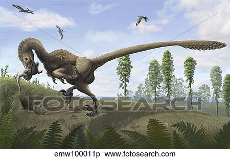 Stock Illustration - Saurornitholestes seeks prey in burrows.. Fotosearch