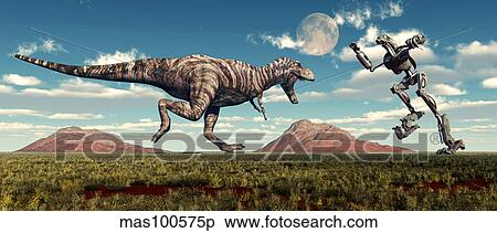 Science fiction scene of a Tyrannosaurus Rex battling a giant robot. View Large Illustration Stock Illustration - Science fiction scene of a Tyrannosaurus Rex battling a giant robot.. Fotosearch