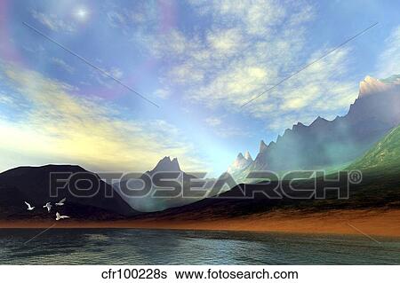 Stock Illustration - Seagulls fly near a beautiful island with a rainbow in the sky.. Fotosearch