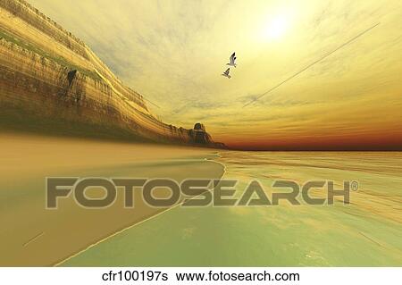 Stock Illustration - Seagulls fly near the mountains of this seascape.. Fotosearch