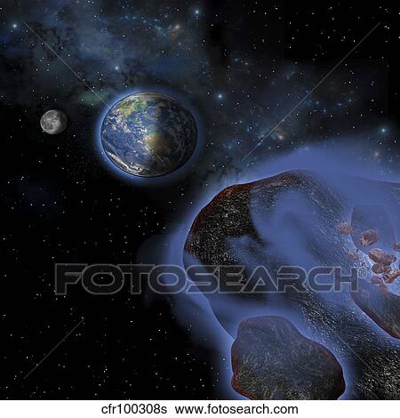 Stock Illustration - Several asteroids hurtle towards Earth on a path of devastation.. Fotosearch