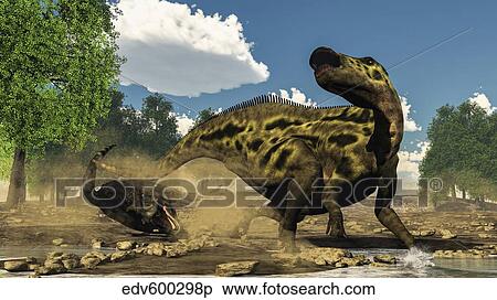 Shantungosaurus dinosaur defending itself from a Tarbosaurus attack. View Large Illustration Stock Illustration - Shantungosaurus dinosaur defending itself from a Tarbosaurus attack.. Fotosearch