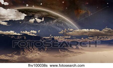 Stock Illustration - Shore in mist on an extraterrestrial world.. Fotosearch