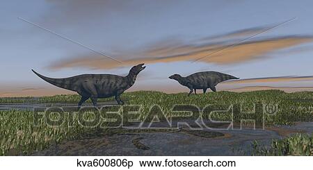 Stock Illustration - Shuangmiaosaurus dinosaurs walking through wetlands.. Fotosearch