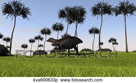 Stock Illustration - Shuangmiaosaurus walking across a grassy field.. Fotosearch