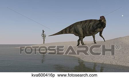 Stock Illustration - Shuangmiaosaurus walking along the shoreline.. Fotosearch