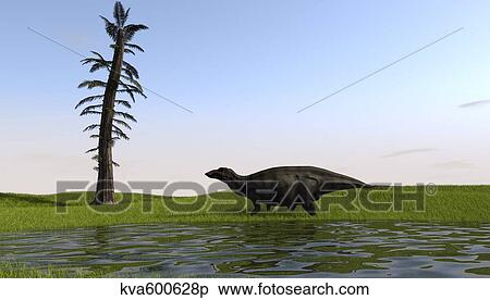 Stock Illustration - Shuangmiaosaurus walking through a swamp.. Fotosearch