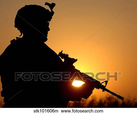 Silhouette of a U. S. Army Soldier providing perimeter security. View Large Photo Image Picture - Silhouette of a U. S. Army Soldier providing perimeter security.. Fotosearch