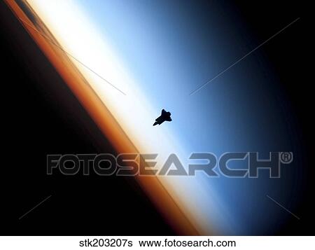 Silhouette of space shuttle Endeavour over Earth's colorful horizon. View Large Photo Image Stock Photograph - Silhouette of space shuttle Endeavour over Earth's colorful horizon.. Fotosearch