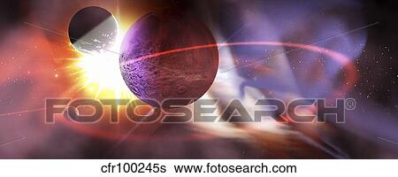 Solar flares radiate from a huge sun near a planet and its orbiting moons. View Large Illustration Stock Illustration - Solar flares radiate from a huge sun near a planet and its orbiting moons.. Fotosearch