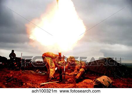 Soldiers fire an L16A2 81mm mortar system. View Large Photo Image Picture - Soldiers fire an L16A2 81mm mortar system.. Fotosearch