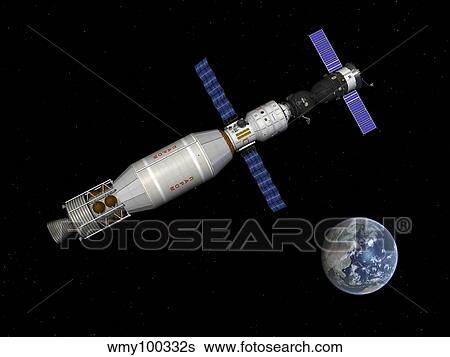 Stock Illustration - Soyuz deep space explorer docked begins to leave Earth orbit.. Fotosearch