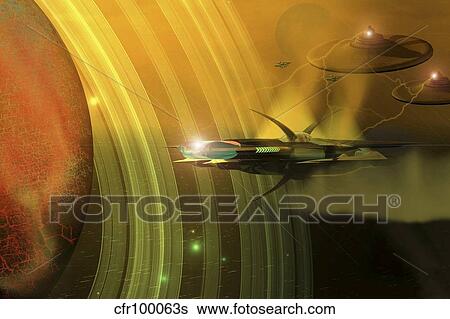 Space battle with two rival factions near a planetary body. View Large Illustration Stock Illustration - Space battle with two rival factions near a planetary body.. Fotosearch