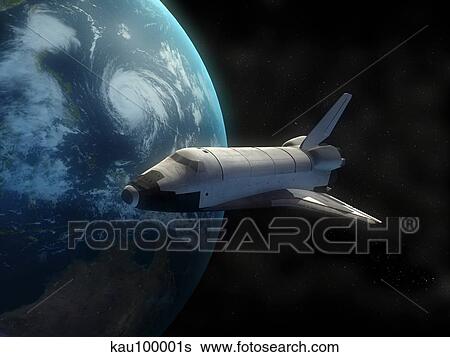 Stock Illustration - Space Shuttle backdropped against Earth.. Fotosearch