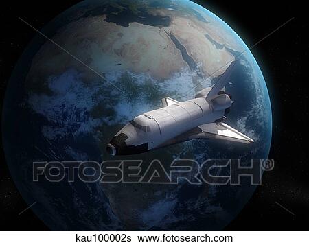 Space Shuttle backdropped against Earth. View Large Illustration Stock Illustration - Space Shuttle backdropped against Earth.. Fotosearch