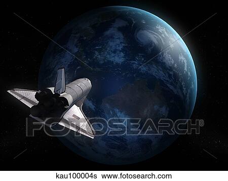 Space Shuttle backdropped against Earth. View Large Illustration Stock Illustration - Space Shuttle backdropped against Earth.. Fotosearch