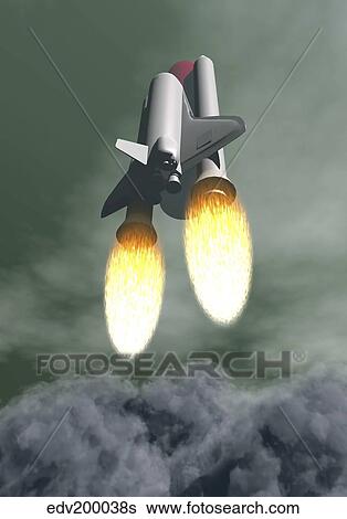 Space shuttle taking off amongst grey smoke and clouds. View Large Illustration Stock Illustration - Space shuttle taking off amongst grey smoke and clouds.. Fotosearch