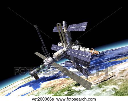 Space station in orbit around Earth. View Large Illustration Stock Illustration - Space station in orbit around Earth.. Fotosearch