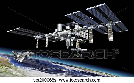 Stock Illustration - Space station in orbit around Earth with space shuttle.. Fotosearch