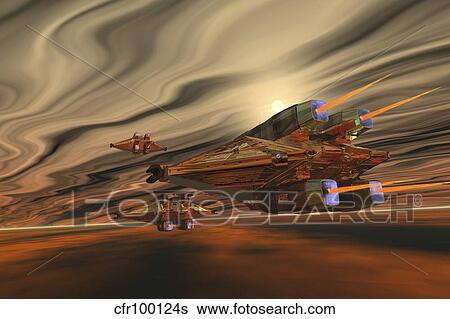 Spacecraft fly among spacial eddies in deep space. View Large Illustration Stock Illustration - Spacecraft fly among spacial eddies in deep space.. Fotosearch