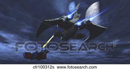 Spaceship blasts a laser beam toward an enemy battleship. View Large Illustration Stock Illustration - Spaceship blasts a laser beam toward an enemy battleship.. Fotosearch