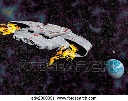 Spaceship with afterburners engaged as it approaches planet Earth. View Large Illustration Stock Illustration - Spaceship with afterburners engaged as it approaches planet Earth.. Fotosearch