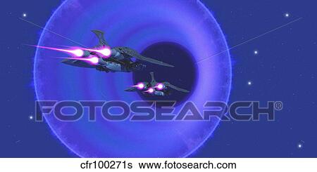 Stock Illustration - Spaceships enter a wormhole in outer space.. Fotosearch