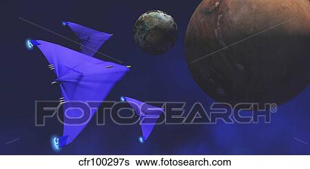 Spaceships fly through space to investigate an alien planet and its moon. View Large Illustration Stock Illustration - Spaceships fly through space to investigate an alien planet and its moon.. Fotosearch