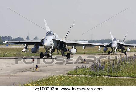 Spanish F-18 aircraft taxiing on the runway, Germany. View Large Photo Image Picture - Spanish F-18 aircraft taxiing on the runway, Germany.. Fotosearch