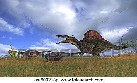 Stock Illustration - Spinosaurus chasing two Gigantoraptors.. Fotosearch
