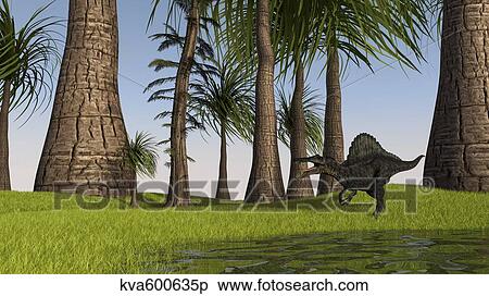 Stock Illustration - Spinosaurus hunting along the edge of a swamp.. Fotosearch