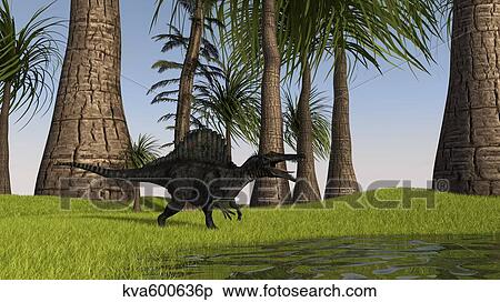 Spinosaurus hunting along the edge of a swamp. View Large Illustration Stock Illustration - Spinosaurus hunting along the edge of a swamp.. Fotosearch