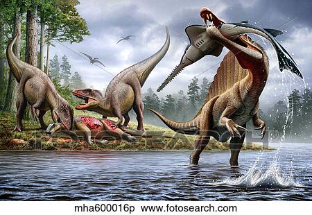 Spinosaurus hunting an Onchopristis with a pair of Carcharodontosaurus in background. View Large Illustration Stock Illustration - Spinosaurus hunting an Onchopristis with a pair of Carcharodontosaurus in background.. Fotosearch