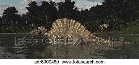 Spinosaurus hunting for fish in a lake. View Large Illustration Stock Illustration - Spinosaurus hunting for fish in a lake.. Fotosearch