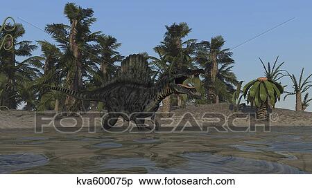 Stock Illustration - Spinosaurus hunting for food in prehistoric waters.. Fotosearch