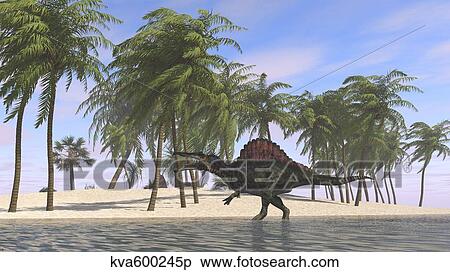 Stock Illustration - Spinosaurus hunting for its next meal in shallow water.. Fotosearch