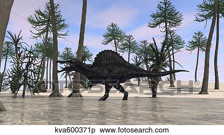 Stock Illustration - Spinosaurus hunting for its next meal in shallow waters.. Fotosearch