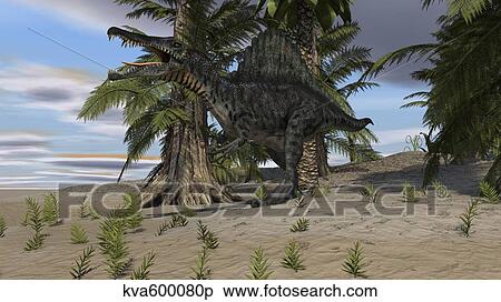 Stock Illustration - Spinosaurus hunting in a desert environment.. Fotosearch