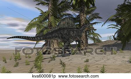 Stock Illustration - Spinosaurus hunting in a desert environment.. Fotosearch