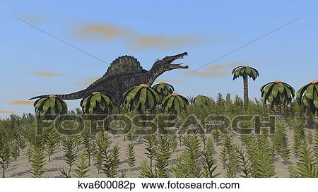 Spinosaurus hunting in a desert environment. View Large Illustration Stock Illustration - Spinosaurus hunting in a desert environment.. Fotosearch