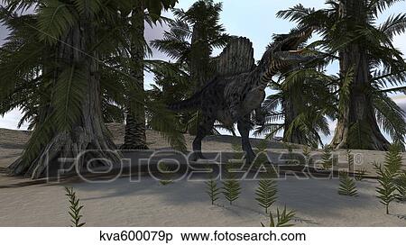 Stock Illustration - Spinosaurus hunting in a prehistoric environment.. Fotosearch