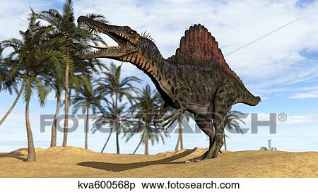 Spinosaurus hunting in a prehistoric environment. View Large Illustration Stock Illustration - Spinosaurus hunting in a prehistoric environment.. Fotosearch