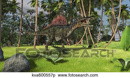 Stock Illustration - Spinosaurus hunting in a tropical environment.. Fotosearch