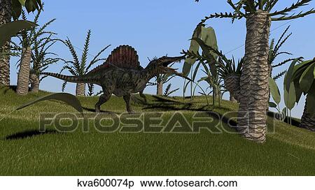 Spinosaurus hunting in an open field. View Large Illustration Stock Illustration - Spinosaurus hunting in an open field.. Fotosearch